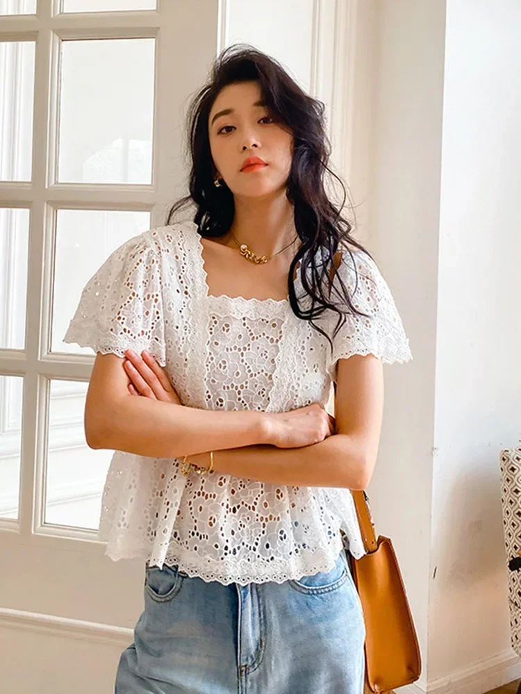 Summer Chic Embroidery Blouse Shirt Hollow Out Boho Vintage 100% Cotton Sheer Sexy Blouse Holiday Women Casual Tops