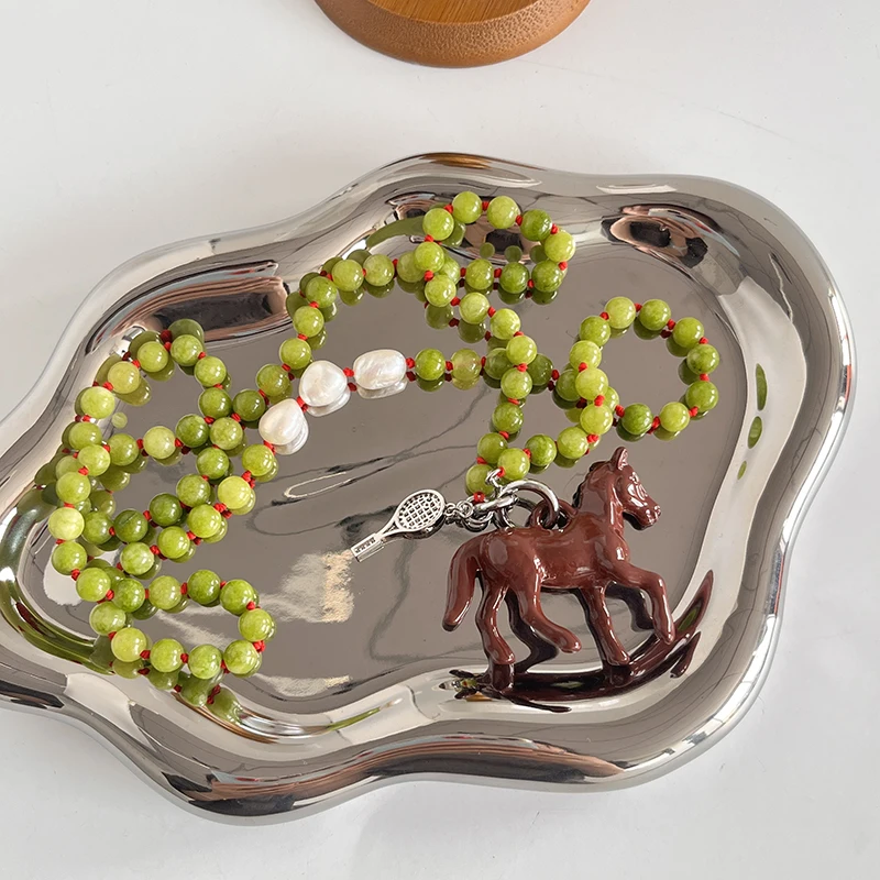 Green stone beaded horse necklaces for women red rope white enamel long necklaces for winter sweater funny cute jewelry