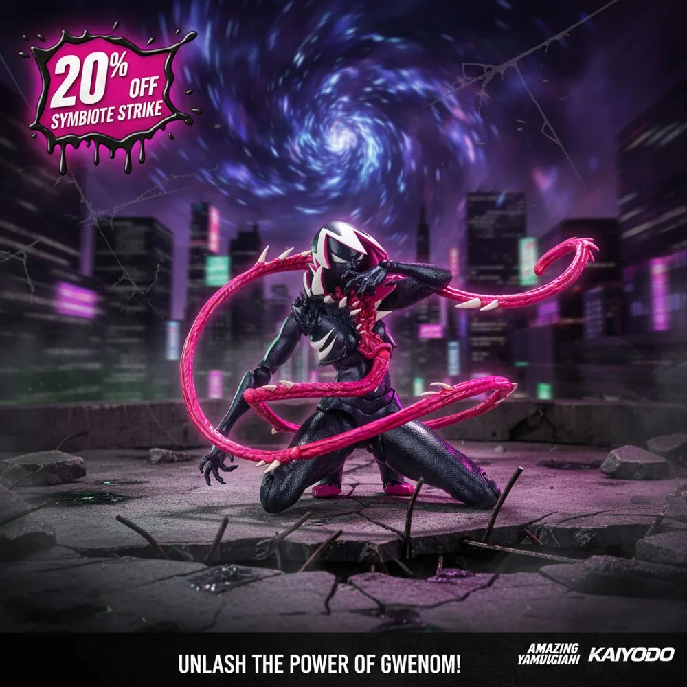 

Kaiyodo Amazing Yamaguchi Revoltech Gwenom Action Figure with 3 Face Plates & Symbiote Tendril Effect Parts Collectible Model