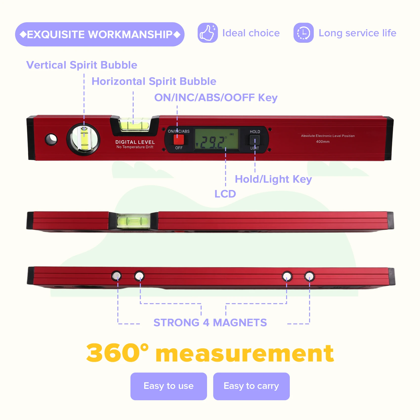 Happy New- Digital Spirit Level Gauges Finder Withbubble Protractor Magnetic Graduated Angle Gauge 400Mm Digital Level