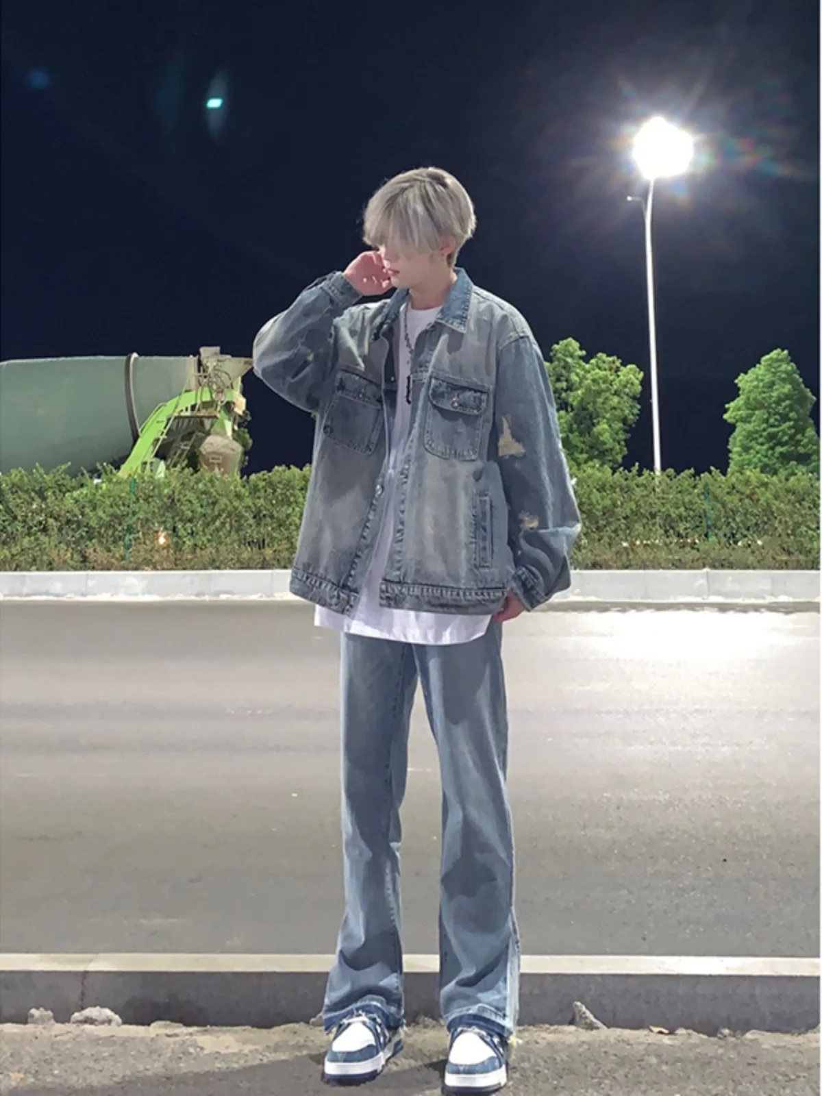 

Light Blue Straight Leg Men's Jeans Student Summer Pants Oversize American High Street Slim Fit Micro Flared Trousers