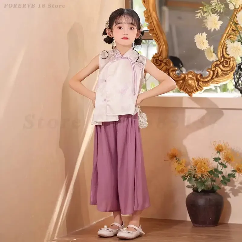 

Girl New Chinese Style Hanfu Sleeveless Cheongsam Set Vintage Loose Casual Vest Wide Leg Pants Outfit Ancient Oriental Tang Suit
