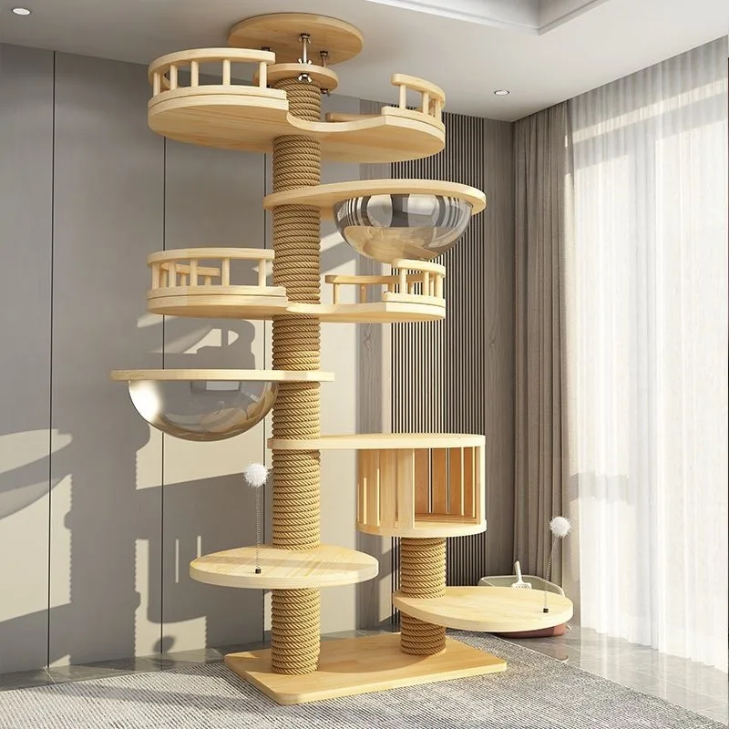 Petop Luxury Wood Cat Modern Ceiling Tree Tower Large Cats Condo Tree Play Furniture Scratcher Cat Climbing Frame Tree