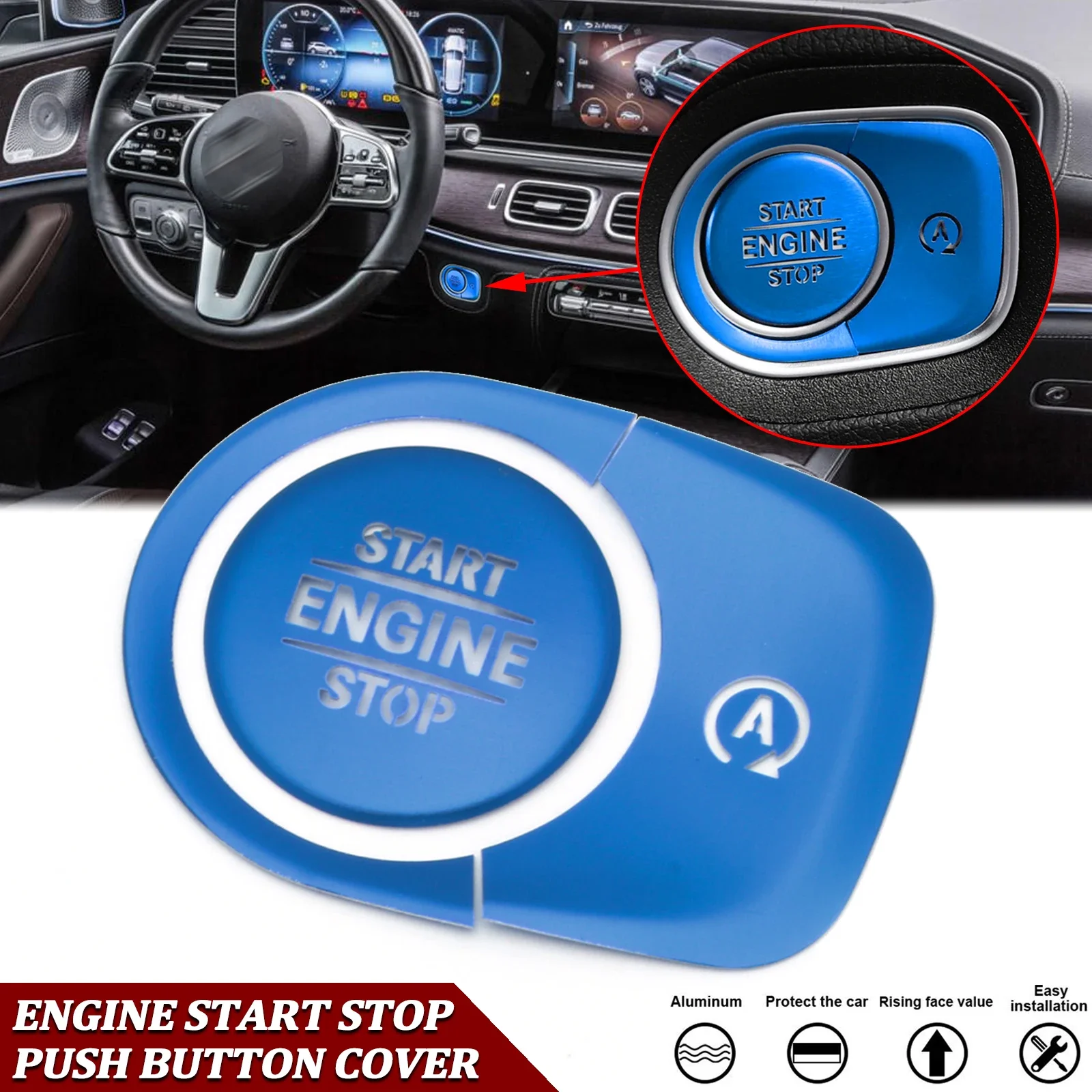 Blue Engine Start Stop Button Cover+Surrounding Ring Trim+Auto On/Off Button Cover Decoration For Mercedes W167 / X167 2020-up