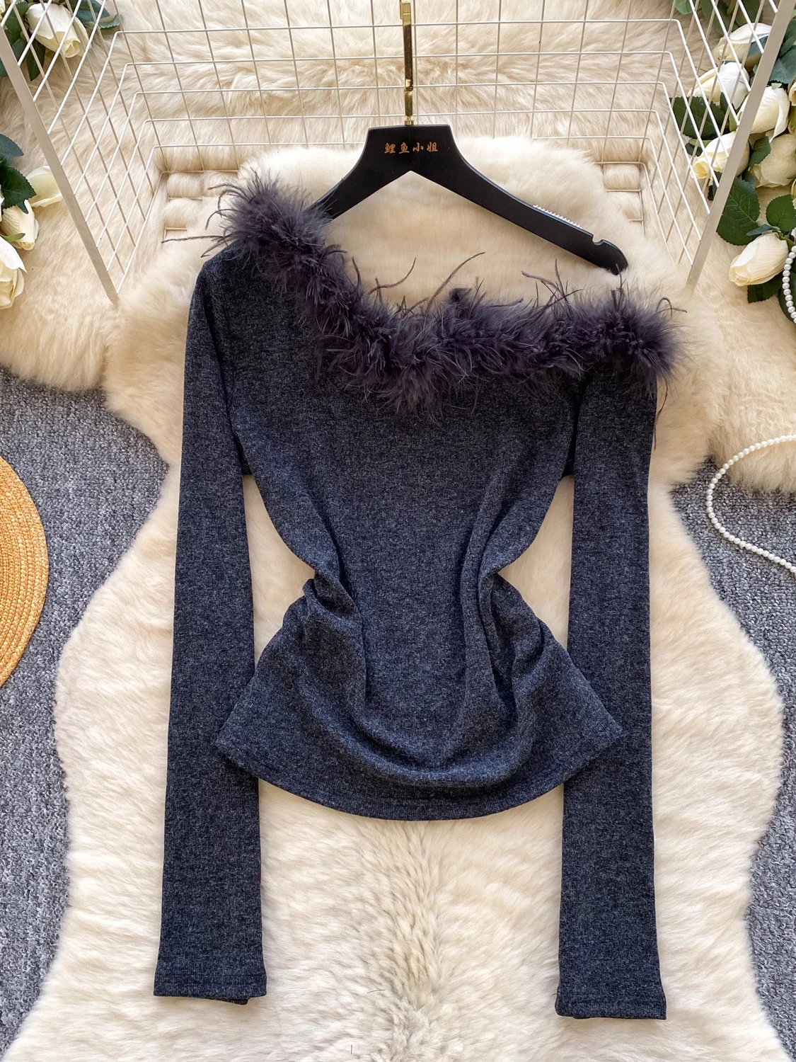 

Slim Fit Long Sve T-irt One oulder Faux Fur Collar Women's Commute Sle Base irt Creative Pattern Polyester Fiber