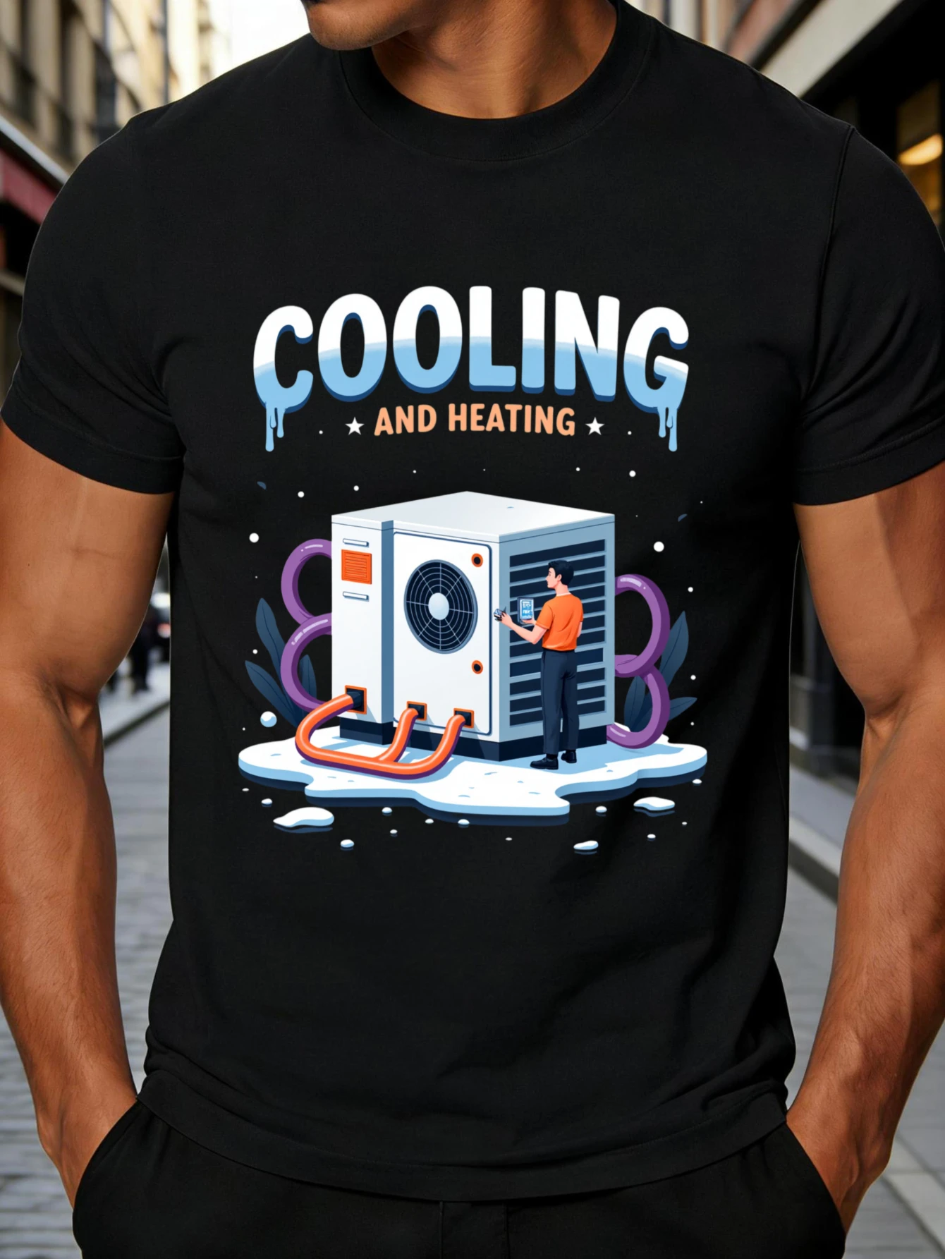 Casual Style Men's T-Shirt with Dual Air Conditioning Patterns, Summer Wear, Gift for Tech Enthusiasts and Hvac Enthusiasts