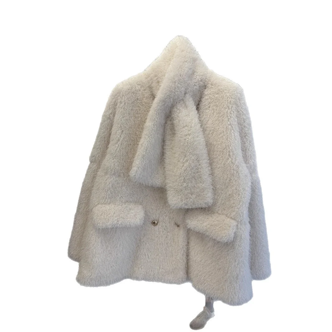 ファイオナブル・ティエンエド・レザー・ファー・インティネイテッド・コート・ウィメンズ・Vネック・ミドル丈・人工シープ・シザーズ・ベルベット・ジャケット