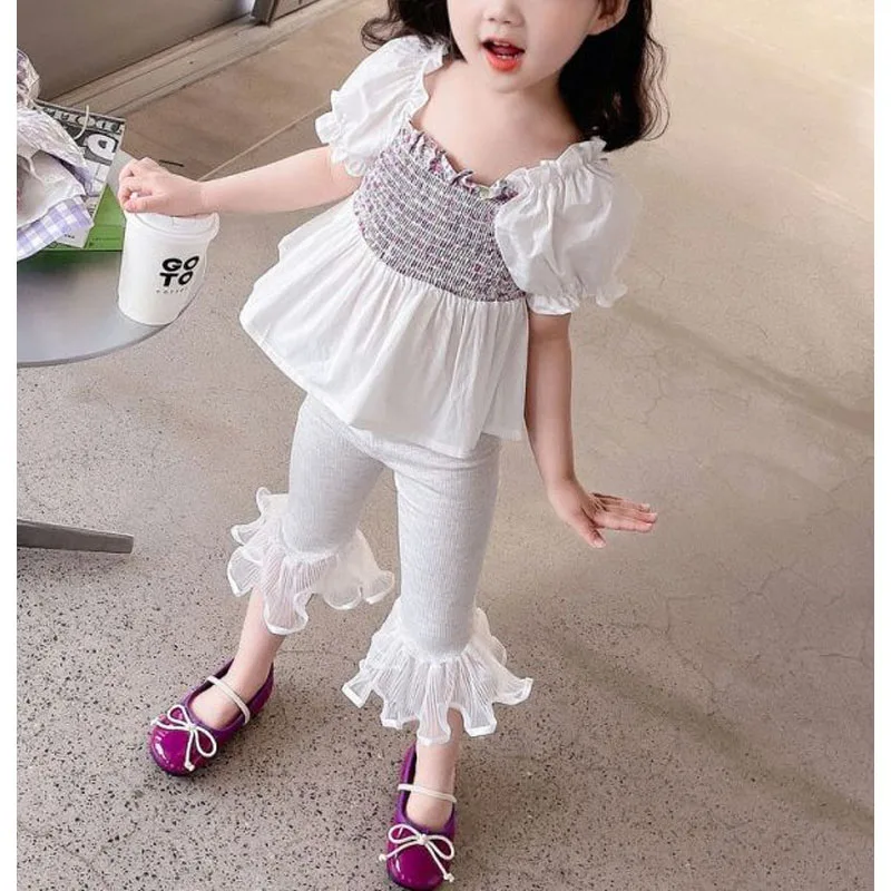 2024 Summer Girls New Square Collar Pleated Casual Fashion Sweet Cute Slim Short Sleeve Elastic Spliced Gauze Flare Pants Sets