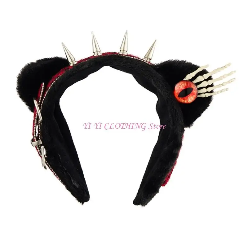 

N5KF Trendy Animal Print Furry Ears Hairband With Decorative Chain Lovely Leopards Headband For Women And Girls