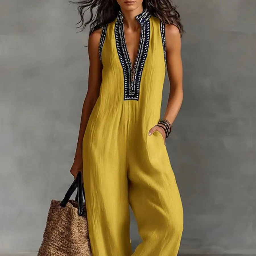 Women's Jumpsuit Sleeveless V Neck Overalls Women Front Zipper Romper Wide Leg Pants Black Mustard Long Jumpsuit For Woman High