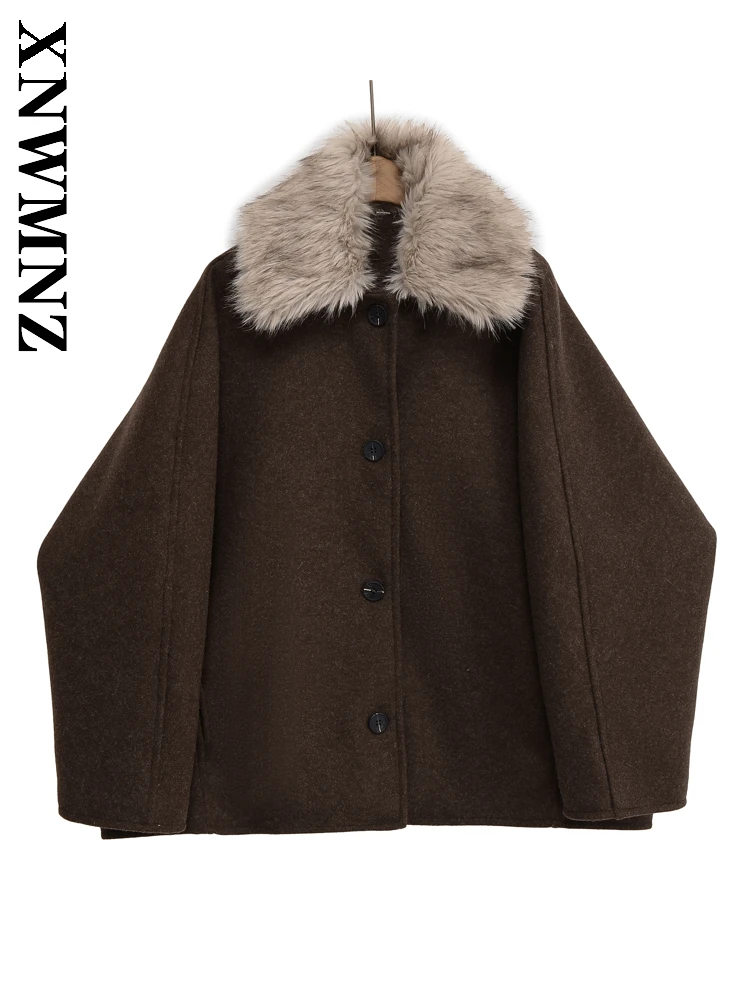 

XNWMNZ 2025 Осенняя женская винтажная модная куртка с искусственным воротником, простая женская коричневая куртка с длинными рукавами, повседневная свободная верхняя одежда