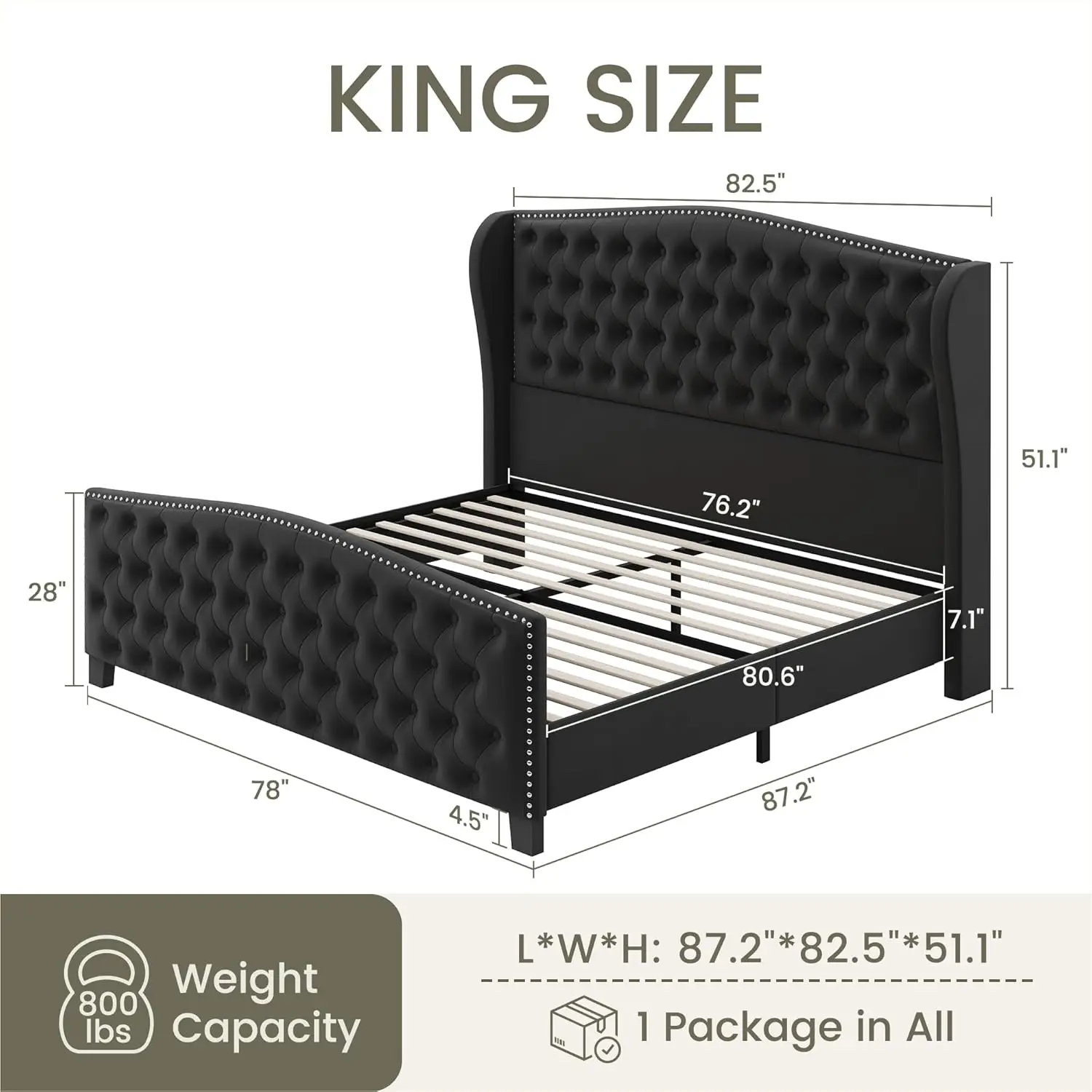 King Size Bed Frame Velvet High Platform Bed with 51.1