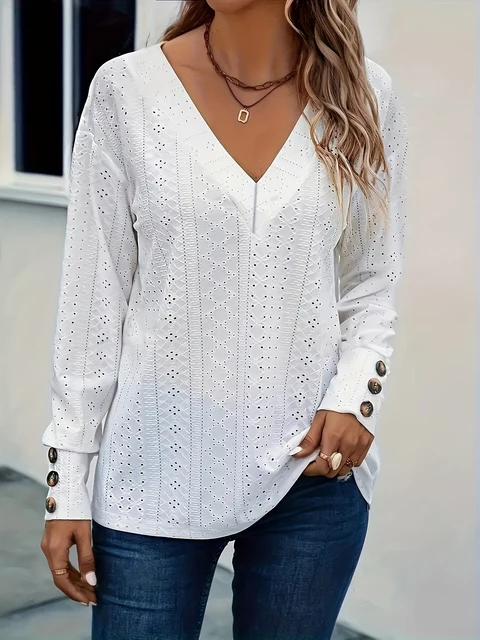 Plus Size oczko wydrążone jednokolorowe T-shirt casual V-neck długi rękaw T-shirt damski duży rozmiar odzieży