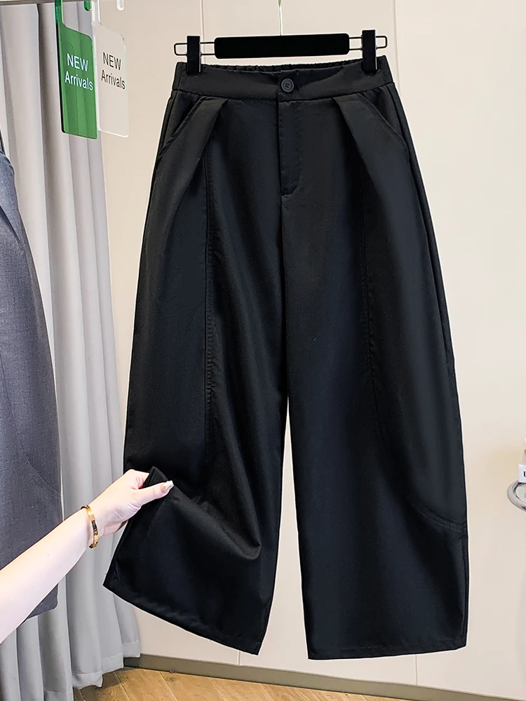High Waist Straight Leg Wide Leg Pants Women's Summer New Style Casual Nine Points Pants Pure Color Decorative Stitching Loos...