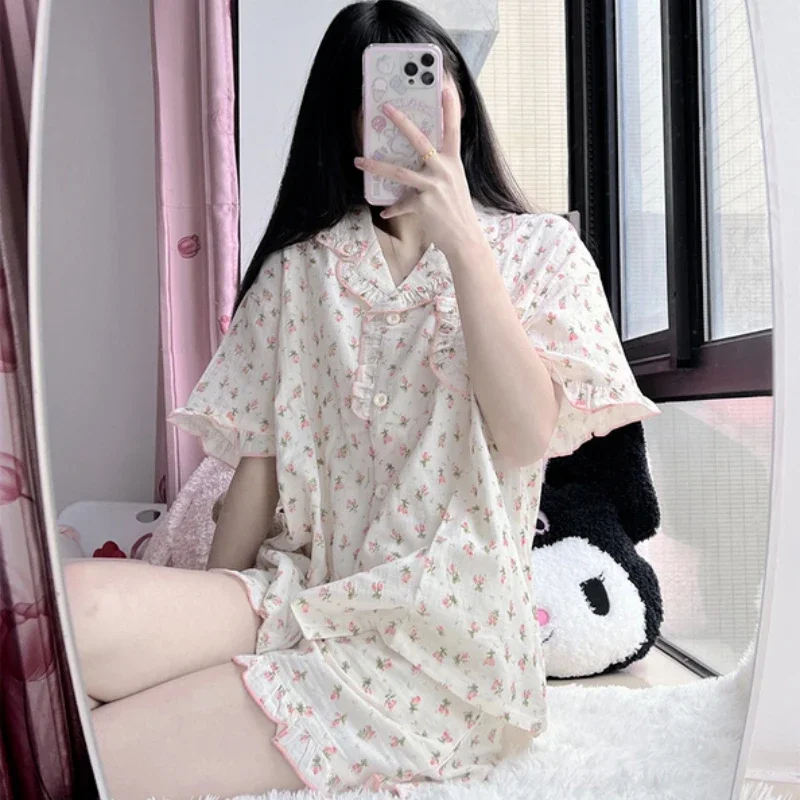 

Pajama Sets Women Pockets Lovely Harajuku Simple Casual New Design Ruffles Popular Summer Lounge Wear Female Home Retro Comfort