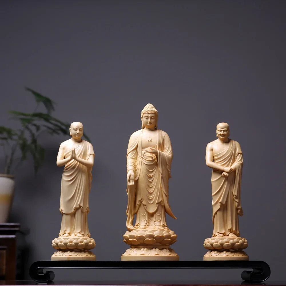 Hinoki Wood Hand Carved Shakyamuni Trinity Statue Set (3pcs) - Ananda Kashyapa Figure for Home Temple Altar Decor Gift