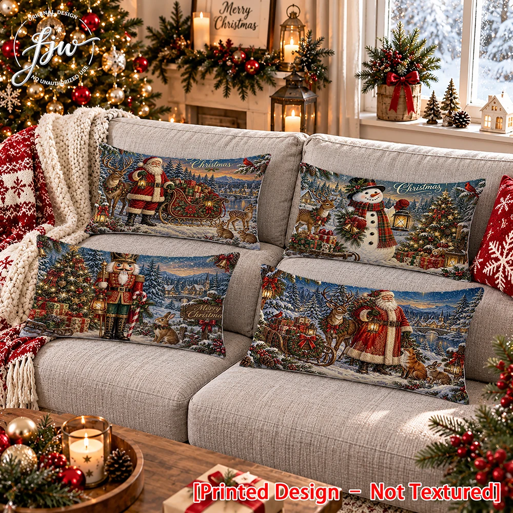4pc Christmas Vintage Snowman Santa Nutcracker Throw Pillow Covers, Winter Holiday Decorative Cushion Cases for Sofa Couch