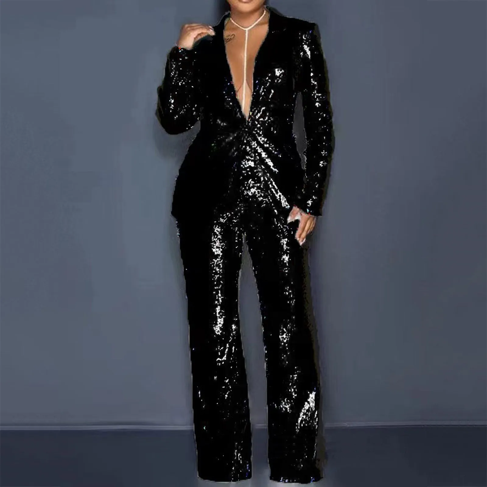 

Women'S 2 Piece Sets Sequin Blazer V Neck Full Sleeve Coats Temperament Slim Fit Casual High Waist Wide Leg Long Pants Suits