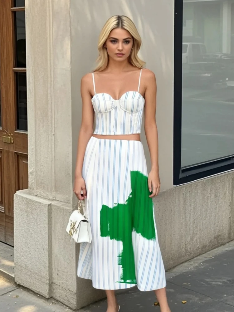 

ZBZA Women's Striped Print Camisole Top Skirt Set Sexy Backless Top High Waist Pleated A-line Skirt Summer New Female Chic Suit