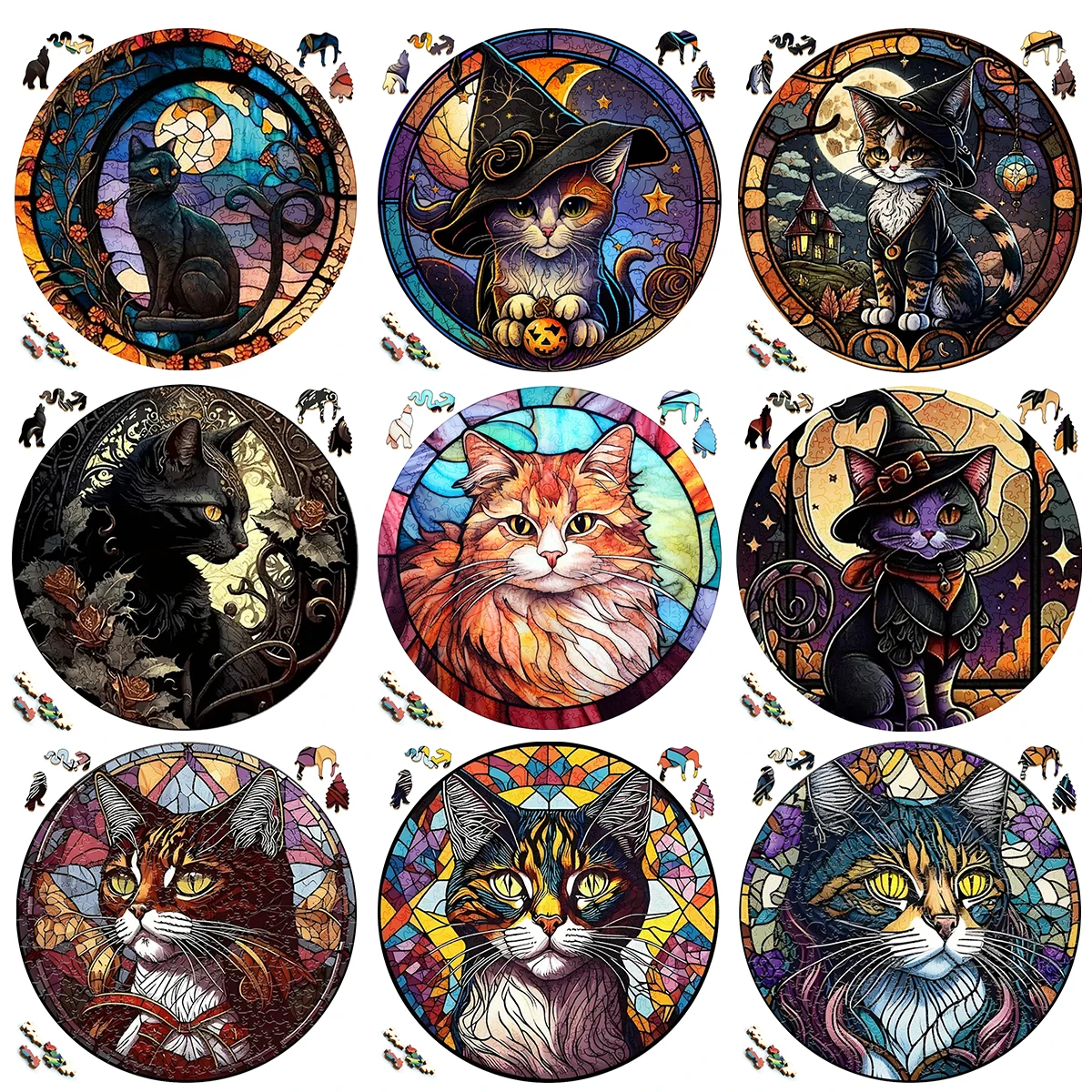 Mysterious Wooden Puzzle painted Black Cat Funny Toy Animal Wood Puzzles Smart Game Round Shaped Jigsaw Puzzle Best Gift For kid