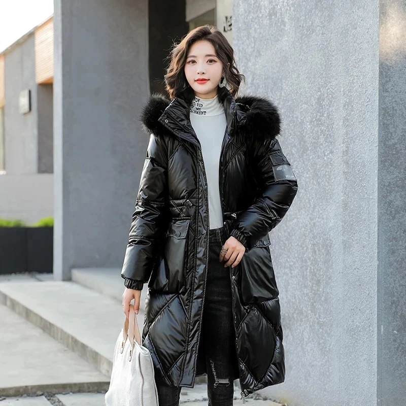 

Women Winter Warm Thicken Cotton Coat Korean Loose Hooded Cotton Padded Jacket 2025 New Larger Fur Collar Long Parkas Outwear