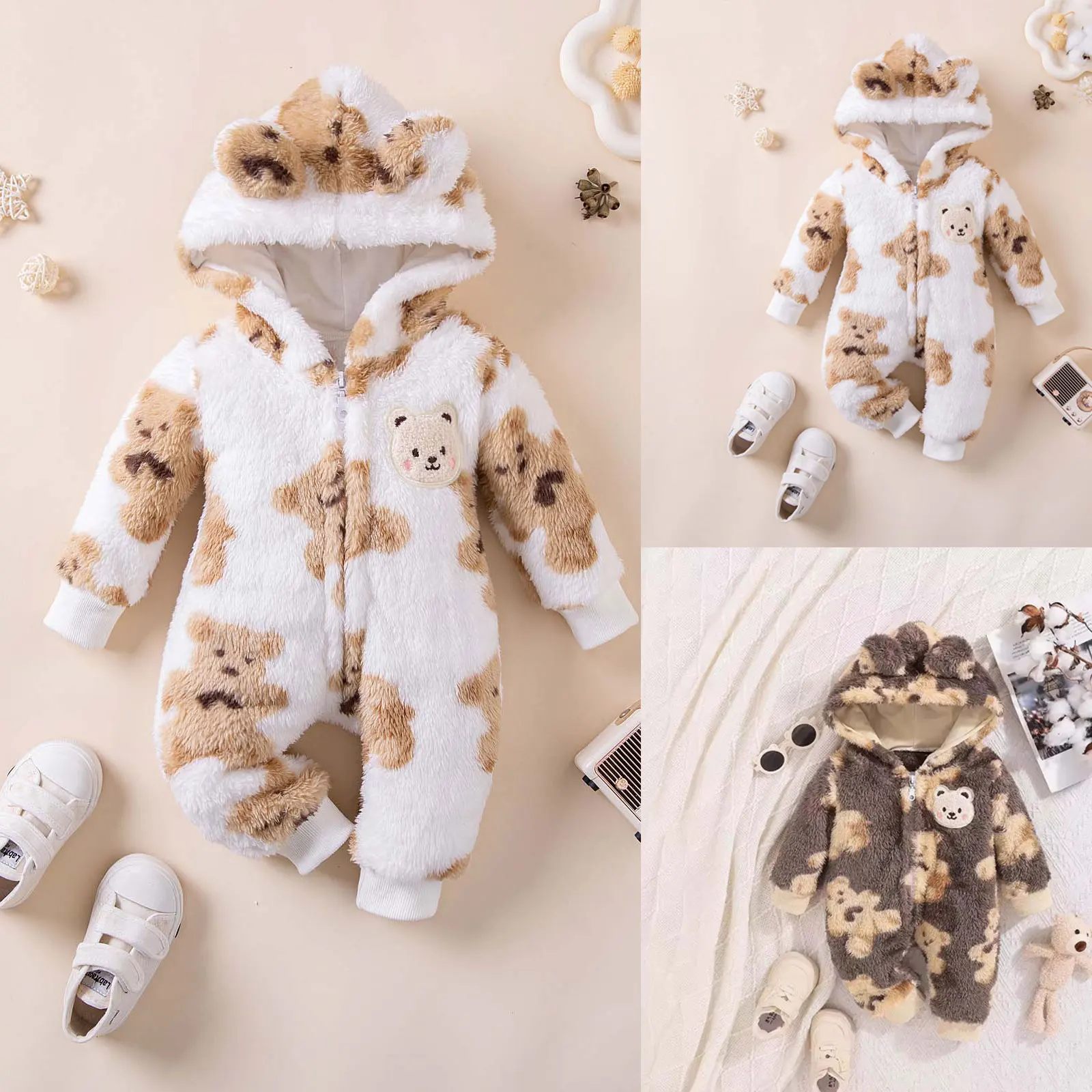 

Newborn Baby Romper Autumn Winter Cute Bear Printed Long Sleeve Fashion Hooded Jumpsuit Infants Adorable Outerwear Bodysuit