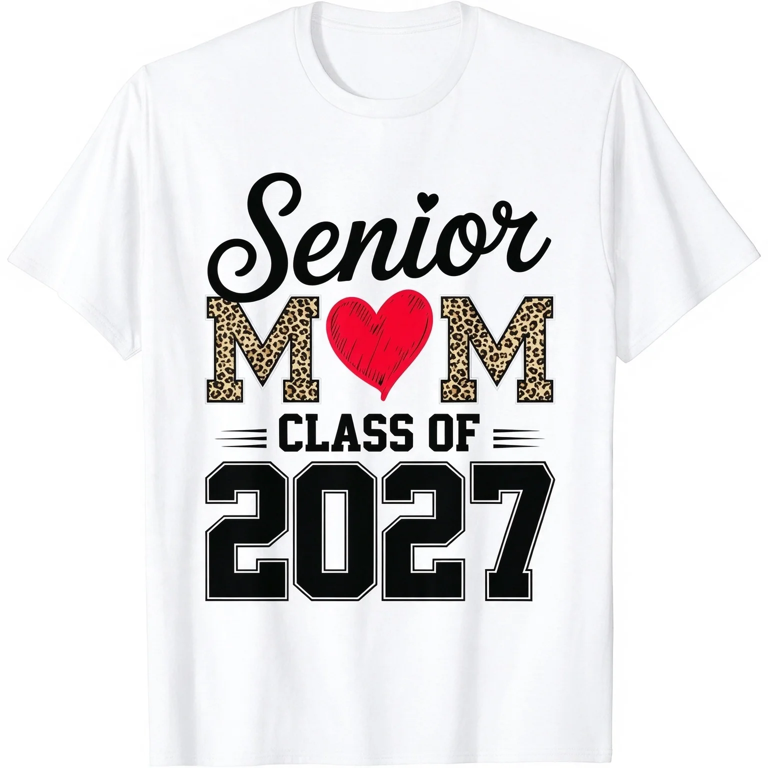 2026 Senior Mom Class of 2027 Leopard Heart Graphic Short Sleeve T-shirt Graduation Gift Loose Crew Neck Top