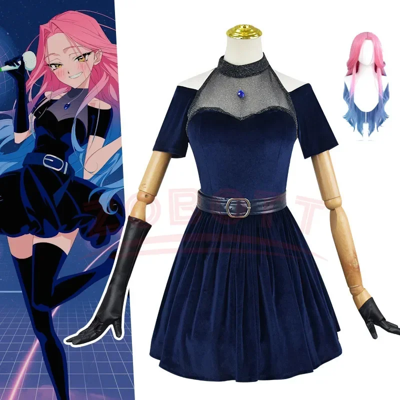 Anime Alien Stage Mizi Cosplay Costume Wig Dark Blue Dress Pink Blue Long Hair Gloves Stockings Belt Set Uniform for Christmas