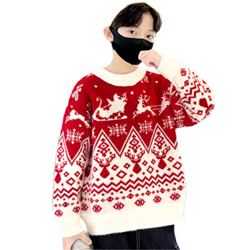 New Children's Christmas Sweater One Piece For Boys Red New Year Pullover Knitwear Kids Sweater with Snowflakes Knitted Clothing