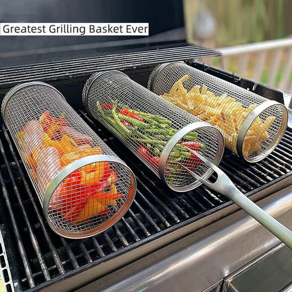 BBQ Basket Stainless Steel Rolling Grilling Basket Wire Mesh Cylinder Cylindrical Portable Round Outdoor Camping Barbecue Rack