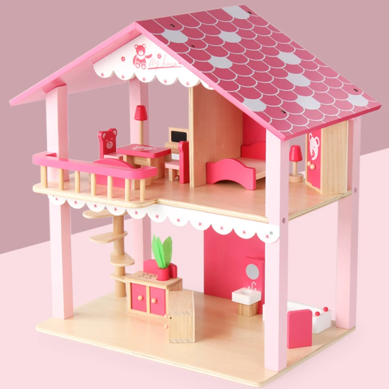 Wooden Doll House Pink Bear Princess Villa Miniature Dolls House Furniture House Accessories Montessori Social Games Girls Toys