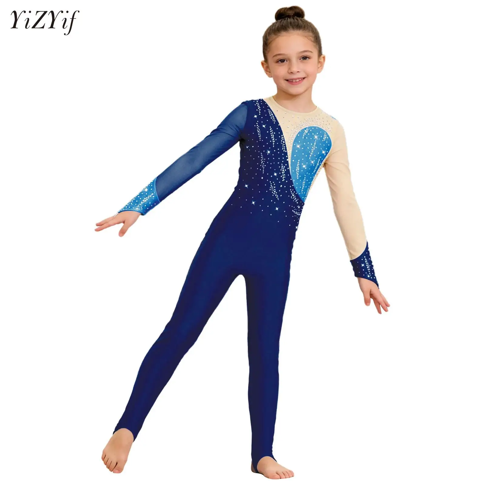 

Kids Girls Latin Dance Suit Competition Long Sleeve Jumpsuit Figure Skating Ballroom Performance Costume Stirrup Full Leotard