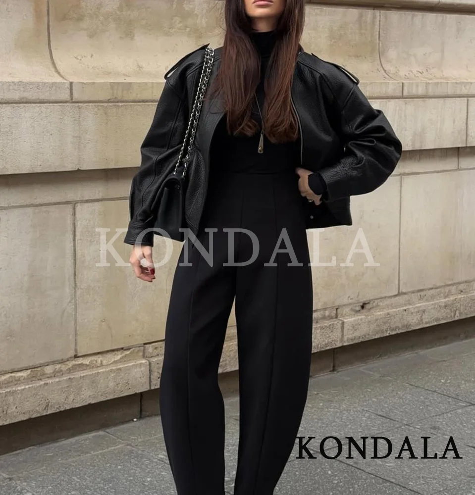 KONDALA Women Autumn Stand-up Collar PU Leather Jacket High Street Zipper Jacket 2025 Fashion Fall Winter Female Jacket Coat