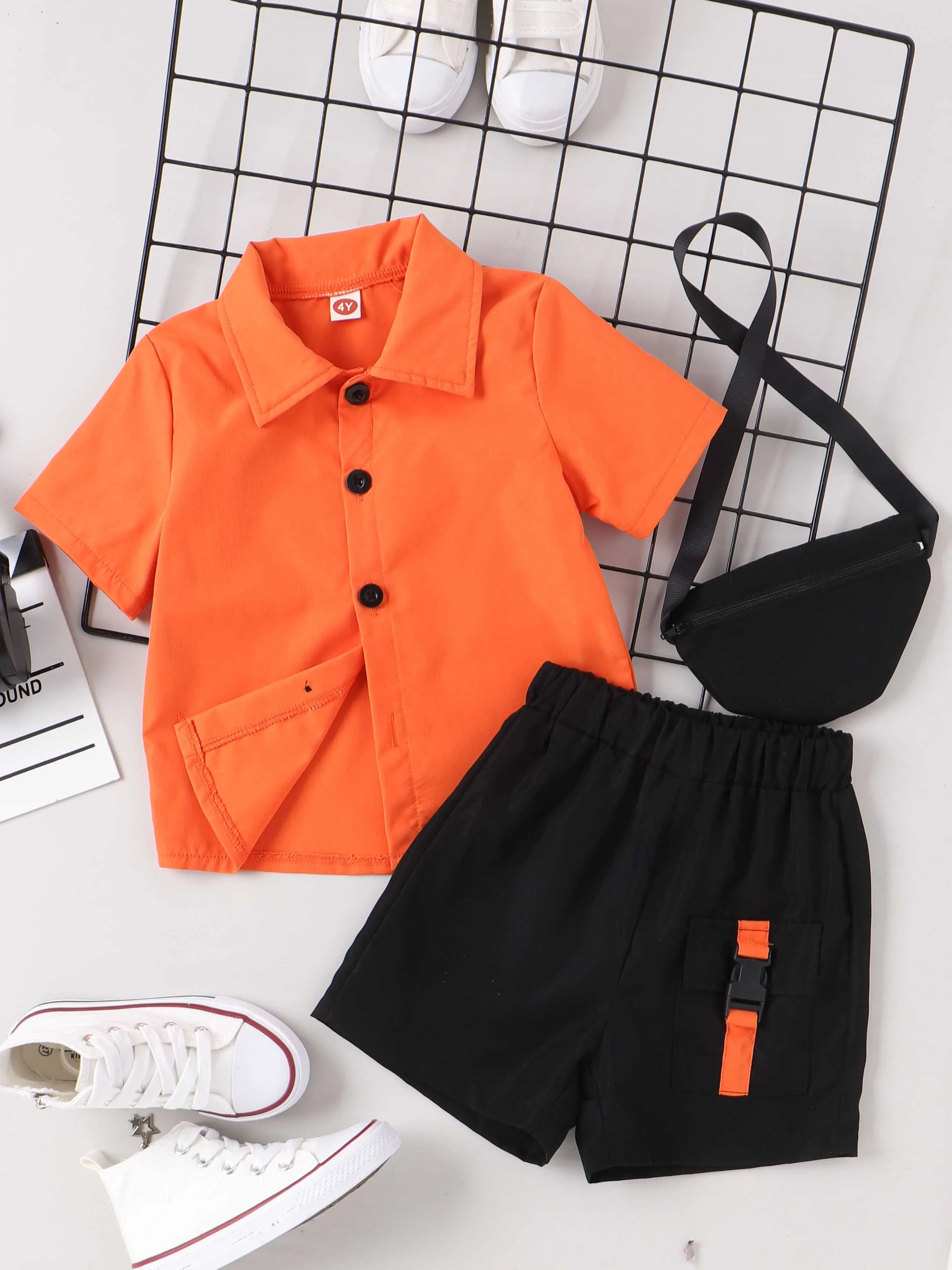 3PCS Summer New Style 4-7 Year Old Boys Comfortable Fashionable And Handsome Orange Shirt + Black Shorts + Bag Set