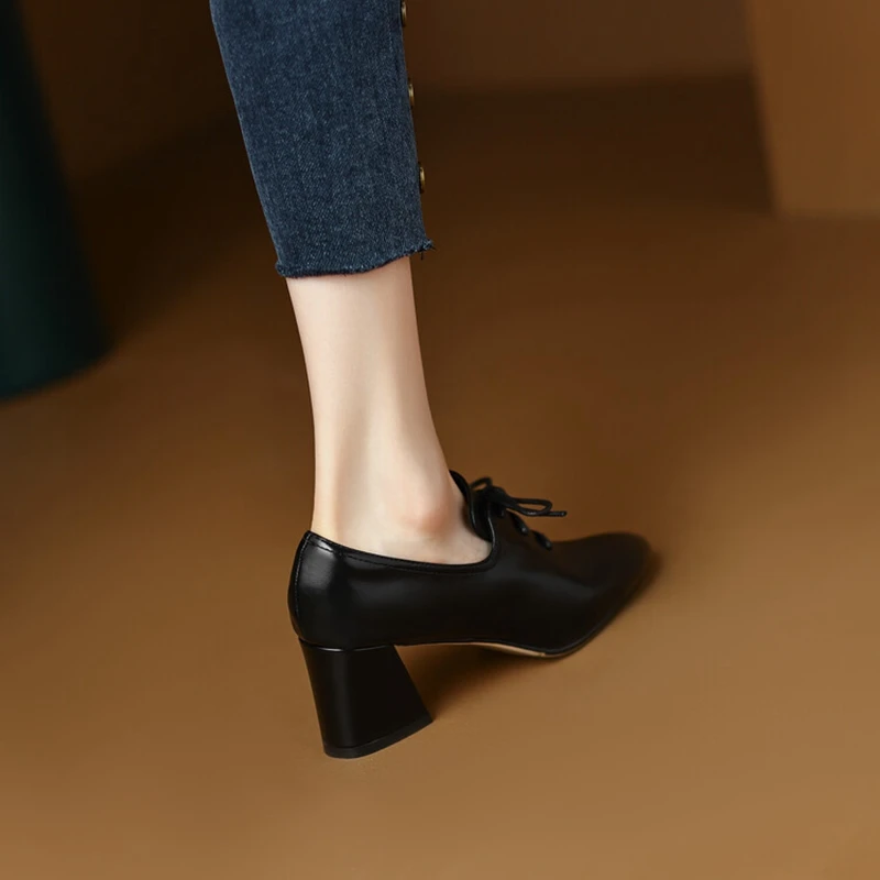 NEW Spring/Autumn Women Shoes Pointed Toe High heels Split Leather Chunky Heel Pumps Plus Size Retro Lace Up Black Shoes Women