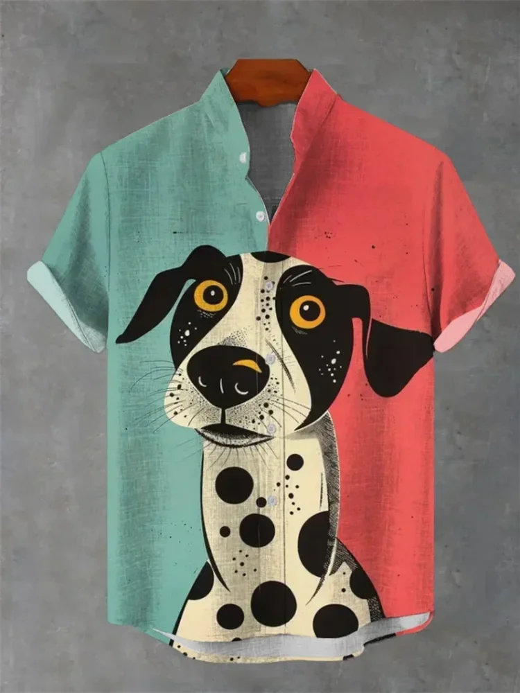 

New men's short-sleeve stand collar shirt, animal print men's comfortable casual top