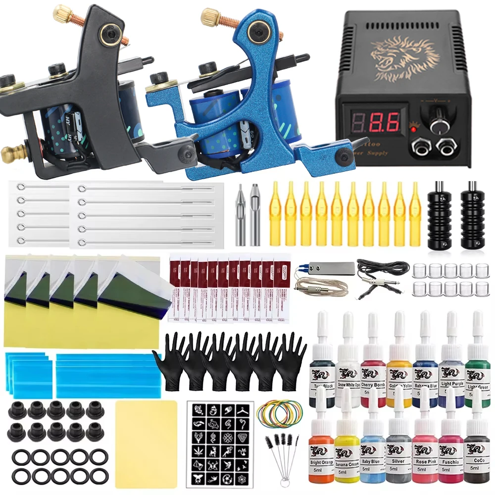 

Complete Coils Tattoo Kit Liner Shader Machine Power Supply Inks Pigment with Tattoo Needles Accessories for Tattoo Beginner Set