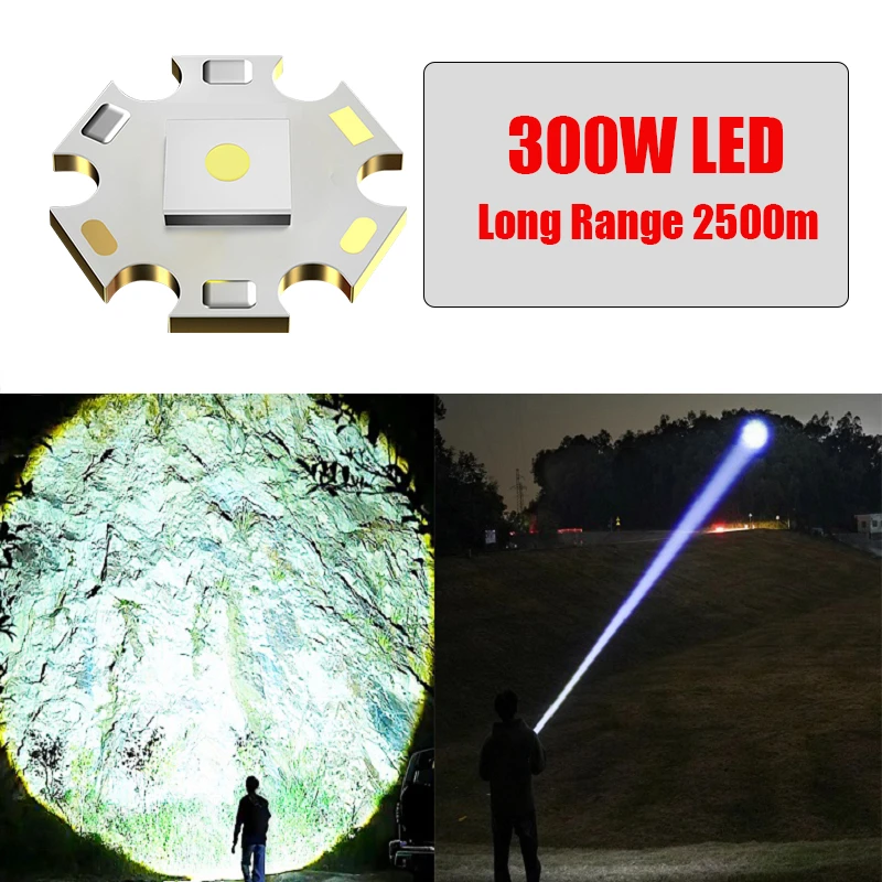 Ultra Bright 300W LED Flashlight Strong Light Long Range Spotlight Torch USB Rechargeable Ultra Powerful Flashlight Camping Lamp