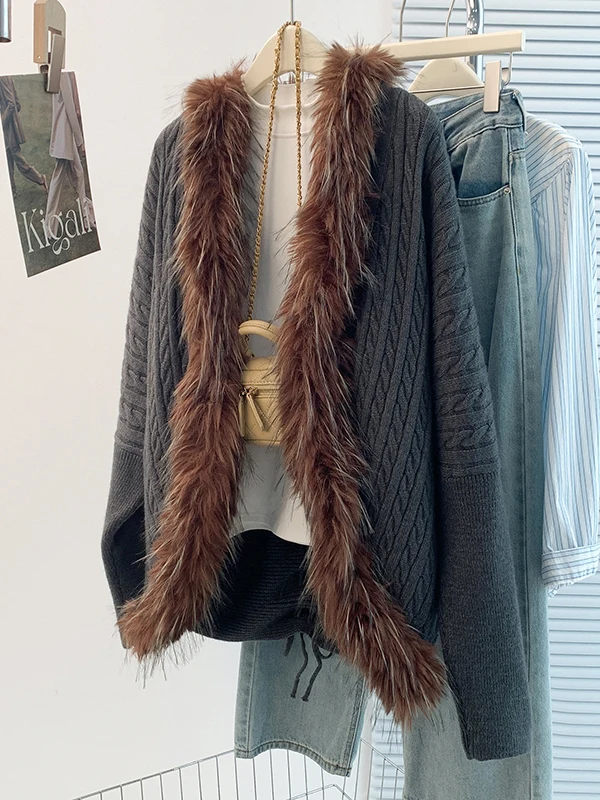 

Женское винтажное свободное вязаное пальто с меховым воротником, ленивый Sle, осень-зима, Новое поступление, модный открытый кардиган для женщин