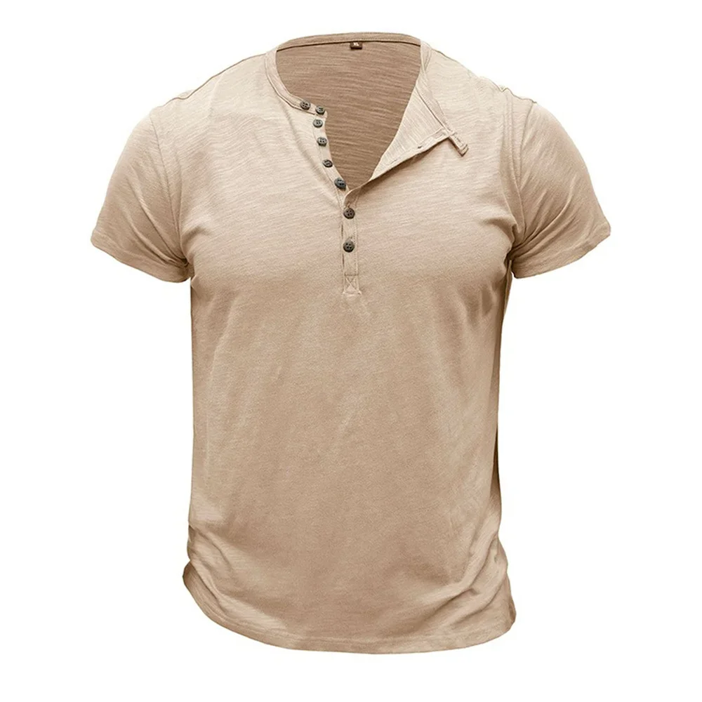 Herren Casual Henley-Shirt aus Baumwolle, Atmungsaktiv, Sommer-Kurzarmshirt, Weicher Stoff, Modisches T-Shirt im Schlichten Stil, Herren-Oberteil – Detail 3