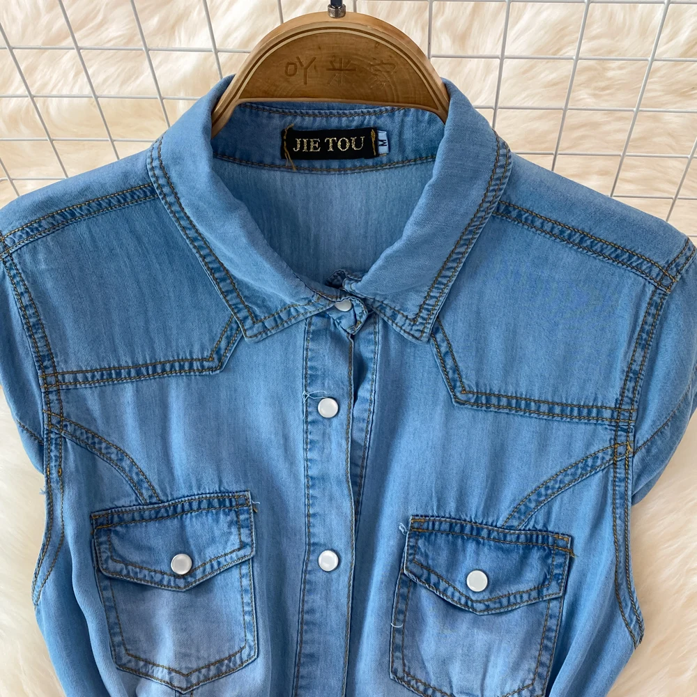 Abito in Denim da donna elegante colletto estivo con risvolto senza maniche abito lungo in jeans sottile stile francese abiti da camicia a trapezio retrò