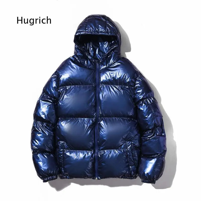 Mens Winter Solid Color Shiny Surface Cotton Coat Trendy Reflective Loose Zipper Hooded Thickened Padded Outerwear For Cold Wea