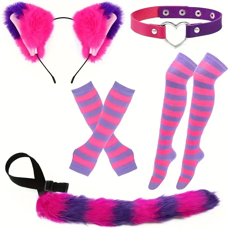Black White Striped Cosplay Costume Set Furry Tail Gloves Socks Cat Role Play Halloween Party Props Unisex Cute Outfit