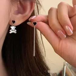 Sweet Little Bear Animal & Love Heart Asymmetrical 925 Silver Needle Female Tassels Stud Earrings Jewelry For Women Gifts