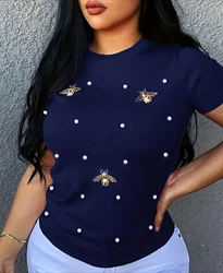 T-Shirt for Women Clothes Summer 2025 New Round Neck Fashionable and Versatile Short Sleeved Pearl Decoration Top for Female