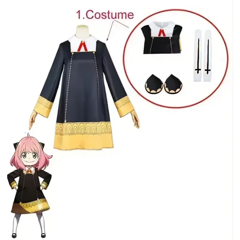 Anime spy family Anya fake cosplay costume adult Anya Cospla Kawaii black dress party costume wig Halloween female girl