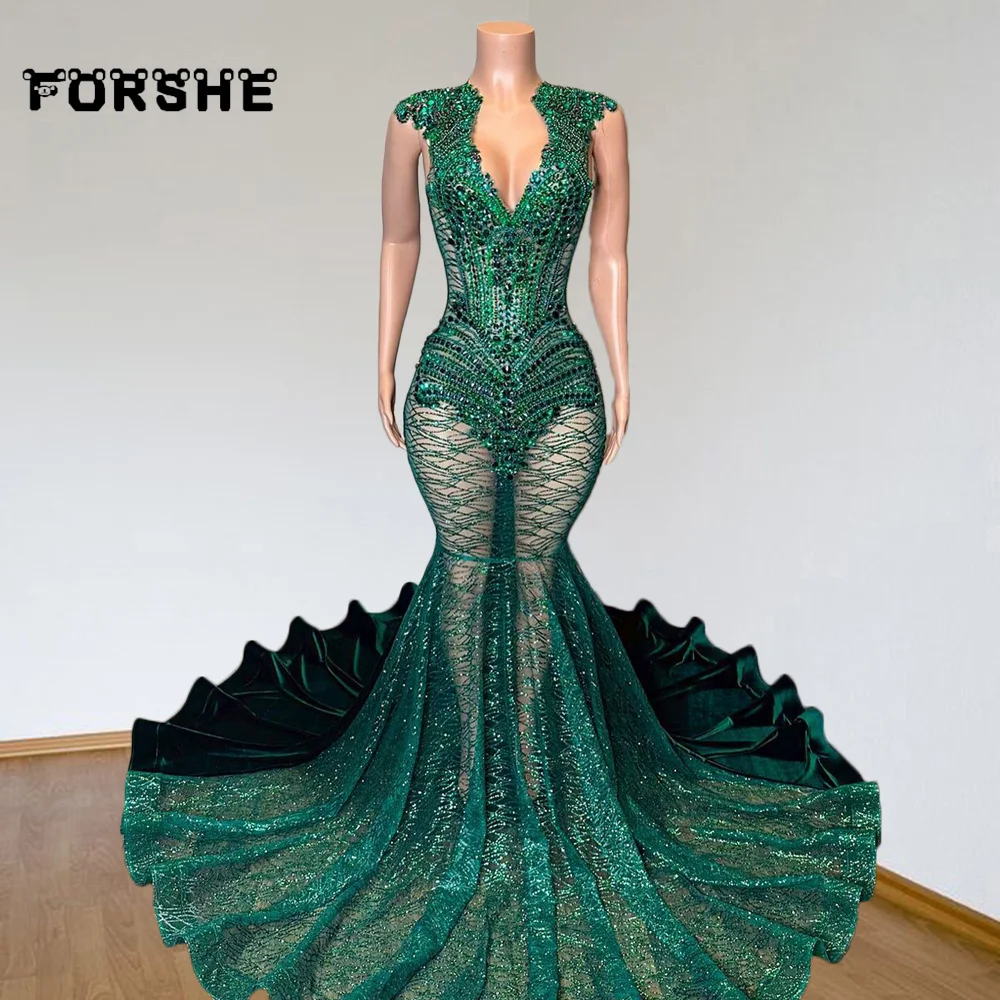 

Sexy See Through Emerald Green Prom Dresses 2025 Diamond Sequin Mermaid Party Gowns For Black Girl Gala Outfit Customized