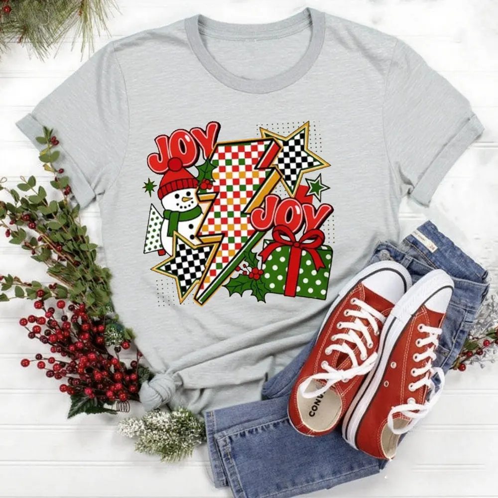 Retro Christmas Tops Checkered Shirt Clipart Joy Snowman Gift Tops High Quality Loose Casual Cotton T Shirt Women Clothes