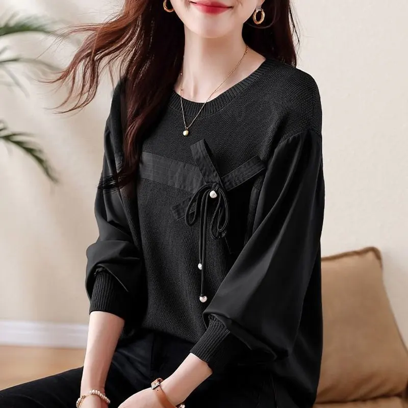 Spring Autumn Fashion Knitted Spliced Blouse Casual Round Neck Women's Clothing Korean Bow Drawstring Vintage Long Sleeve Shirt