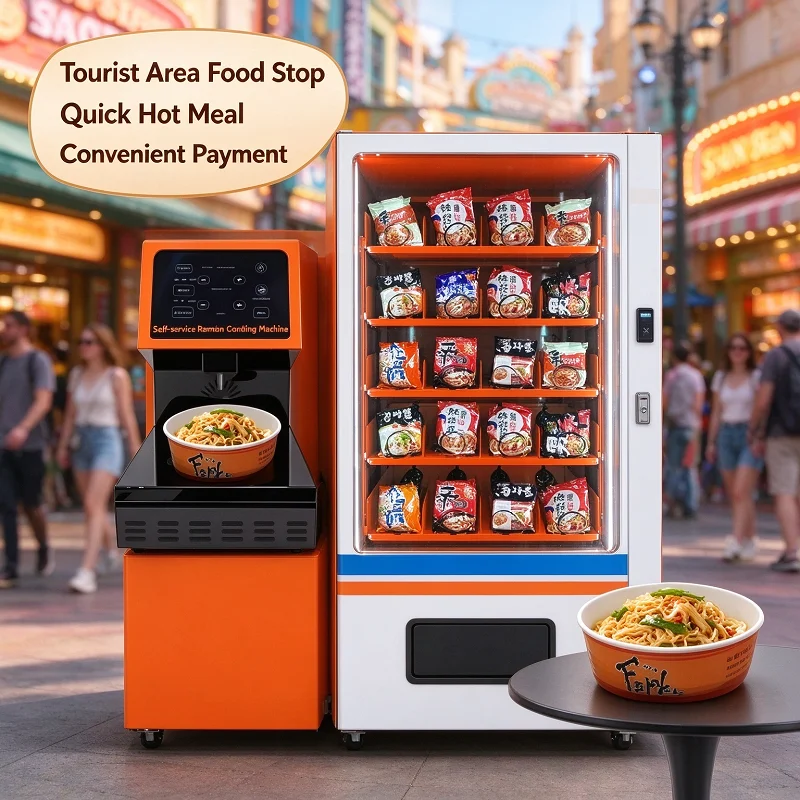 Instant Noodle Vending Machine Hot Water, 21.5-Inch Screen Self-Service Ramen Kiosk with Ad Display Commercial